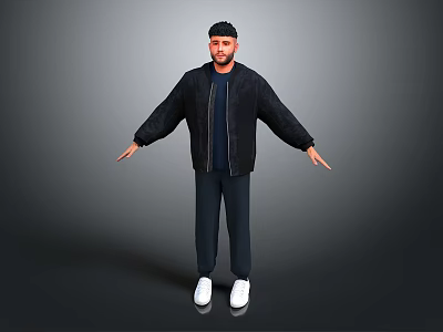 Man in Black Jacket Dark Pants White Shoes with Arms Outstretched on Gray Background 3d model