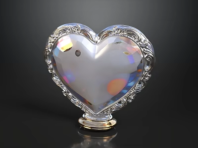 Elegant Heart Shaped Crystal Decorative Ornament Set With Silver Carved Border And Gold Base 3d model