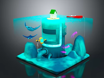 Underwater Scene Structure With Green Roof House Red Boat Manta Rays Purple Fish And Rocks 3d model