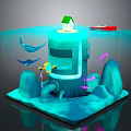 Underwater Scene Structure With Green Roof House Red Boat Manta Rays Purple Fish And Rocks