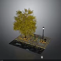 Outdoor Park Rest Area With Yellow Tree Street Lamp Bench Table Trash Bin And Fallen Leaves