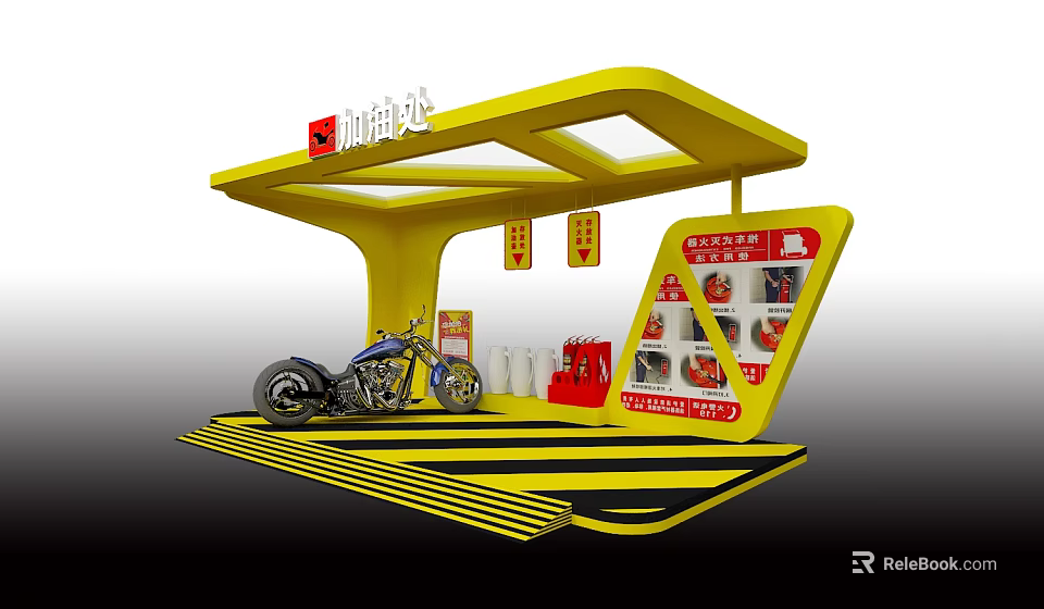 Yellow Coffee Kiosk with Motorcycle Display and Menu Board Cups and Red Signage 3d model 