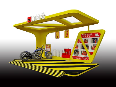 Yellow Coffee Kiosk with Motorcycle Display and Menu Board Cups and Red Signage 3d model