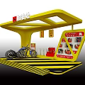 Yellow Coffee Kiosk with Motorcycle Display and Menu Board Cups and Red Signage