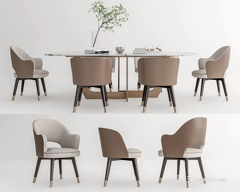 Modern Dining Table Set Interior With Round Marble Top And Light Gray Brown Chairs 3d model