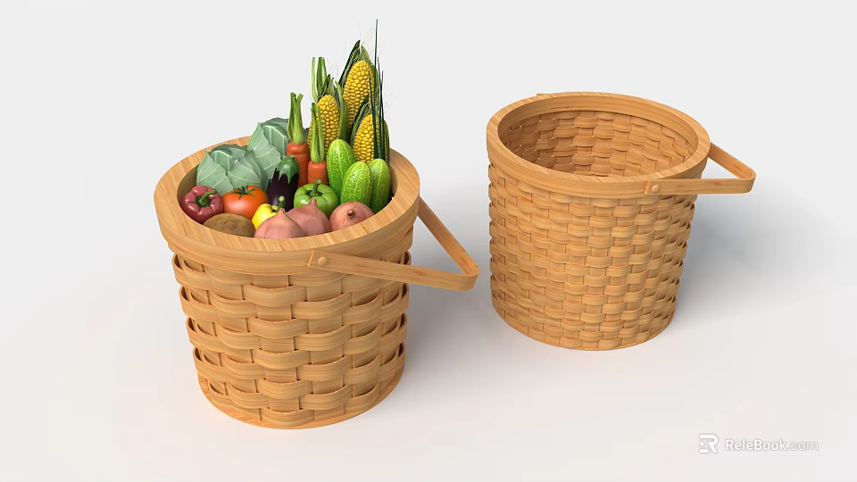 Woven Rattan Household Storage Baskets One Filled with Fresh Vegetables and Empty 3d model 