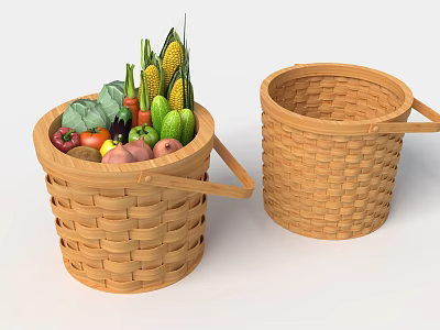 Woven Rattan Household Storage Baskets One Filled with Fresh Vegetables and Empty 3d model