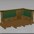 Interior Scene With Green Patterned Wall Wooden Trim Door And Wooden Floor
