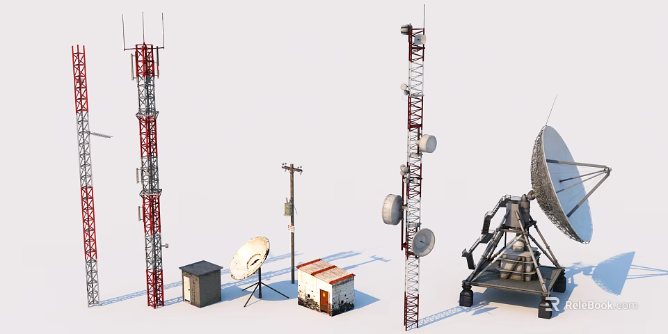 Industrial Equipment Setup Featuring Communication Towers Satellite Dishes Utility Poles And Small Buildings 3d model 