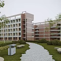 Modern Multi Story School Building With Green Plants Pathway Benches And Street Lamps