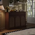 Wooden Storage Sideboard with Rattan Weave Doors and Decorative Items in Bright Living Room