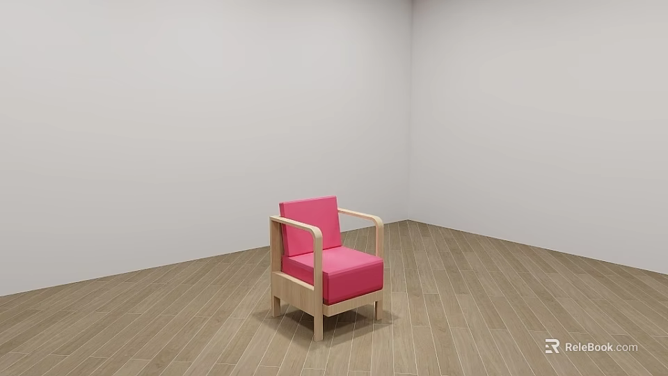 Pink Single Sofa with Wooden Frame on Wooden Floor and White Wall 3d model 