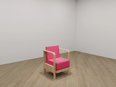 Pink Single Sofa with Wooden Frame on Wooden Floor and White Wall 3d model