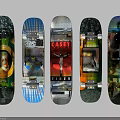 Five Skateboard Decks With Diverse Creative Graphic Art And Design Prints