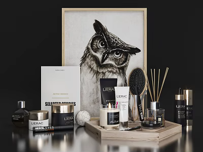 Elegant Decorative Ornament Collection With Owl Art Print Reed Diffuser Brush And Skincare Bottles 3d model