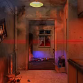 Abandoned Commercial Street Shop With Flames Red Laser Lights And Dilapidated Walls