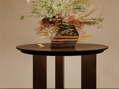 Artistic Floral Arrangement With Golden Wires On Dark Round Table 3d model