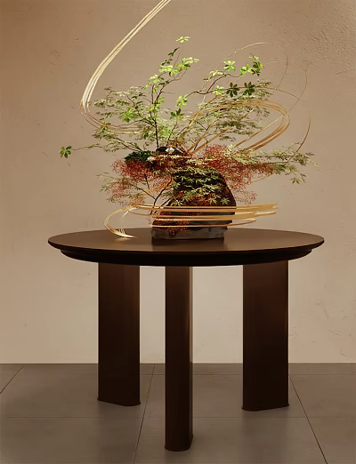Artistic Floral Arrangement With Golden Wires On Dark Round Table 3d model