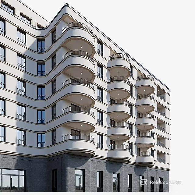 Elegant Modern Residential Building With Curved Balconies White Facade And Windows 3d model 