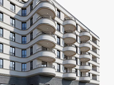 Elegant Modern Residential Building With Curved Balconies White Facade And Windows 3d model