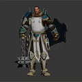Fantasy Warrior Character in Blue Gold Armor Holding Spiked Mace with Cloak Standing Pose