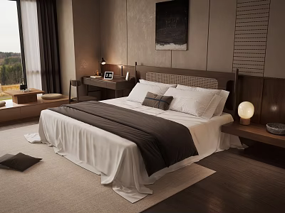 Modern Bedroom Interior With White Bed Sheets Dark Blanket Decorative Painting And Wooden Flooring 3d model