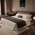 Modern Bedroom Interior With White Bed Sheets Dark Blanket Decorative Painting And Wooden Flooring