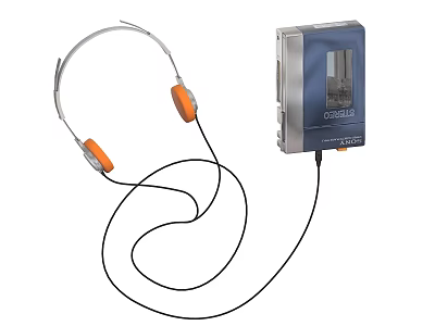 Classic Portable Digital Audio Player With Blue Silver Design And Orange Headphones 3d model