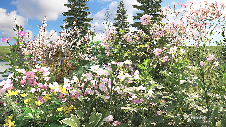 Colorful Blooming Flowers And Lush Green Plants In Meadow With Tall Trees Under Blue Sky 3d model 