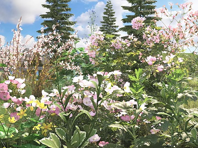Colorful Blooming Flowers And Lush Green Plants In Meadow With Tall Trees Under Blue Sky 3d model
