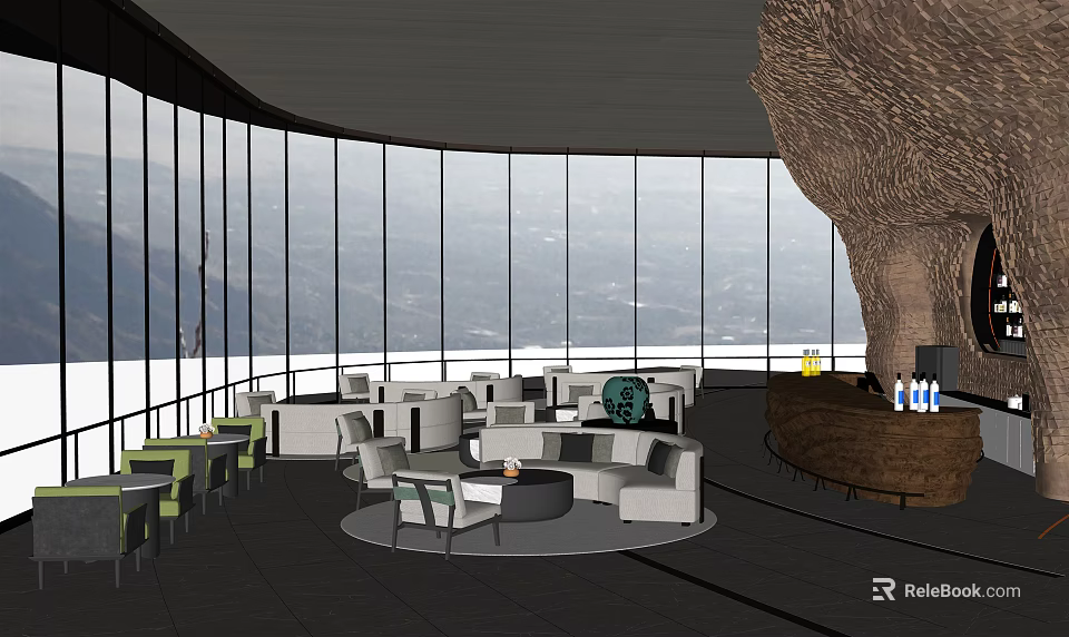 Modern Front Desk Reception Area With Large Glass Windows Mountain View And Comfortable Sofas 3d model 