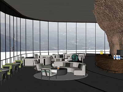 Modern Front Desk Reception Area With Large Glass Windows Mountain View And Comfortable Sofas 3d model