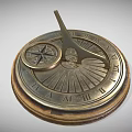 Brass Sundial With Roman Numeral Markings And Small Compass On Wooden Base