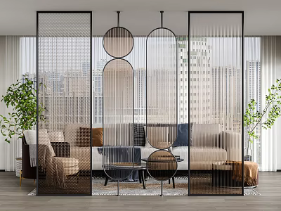 Modern Living Room Black Frame Room Divider With Perforated Circular Arched Design And City View 3d model