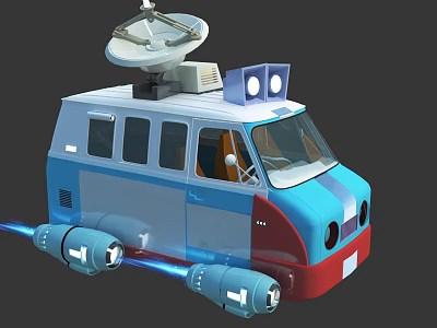 Futuristic Blue Red Car Van With Satellite Dish And Thruster Like Parts 3d model