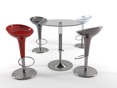 Four Modern Bar Stools In Red Grey White Colors Around Round Bar Table 3d model