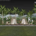 Scenic Tropical Outdoor Tents with Palm Trees Mountains Balloons and Chairs