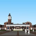Red Brick School Building Featuring Clock Tower Central Plaza And Students Walking 3d model