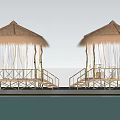 Serene Garden Landscape With Thatched Pavilions Bamboo Staircases And Pool Reflection