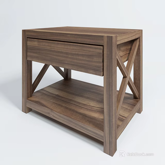 Walnut Wooden Nightstand With Drawer X Shaped Legs And Open Lower Shelf 3d model 