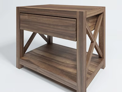 Walnut Wooden Nightstand With Drawer X Shaped Legs And Open Lower Shelf 3d model
