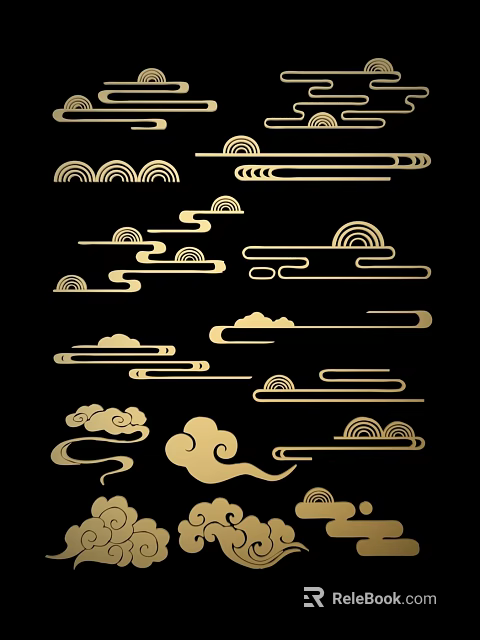 Traditional Golden Cloud Pattern Carvings With Various Shapes On Black Background 3d model 
