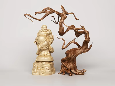 Decorative Laughing Buddha Sculpture with Cloud Patterned Base and Twisted Tree Root Carving 3d model