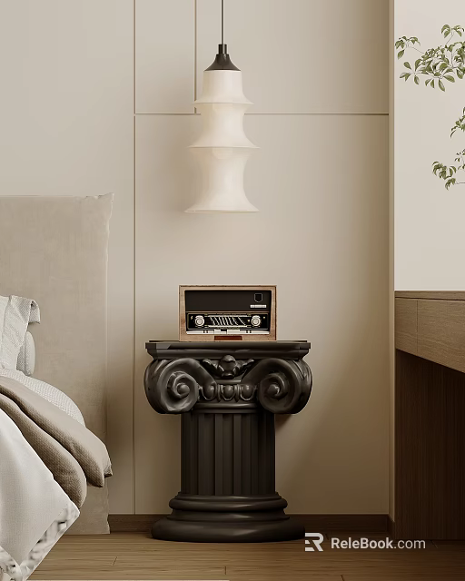 Bedside Table with Vintage Radio on Carved Column Base and Light Colored Headboard 3d model 