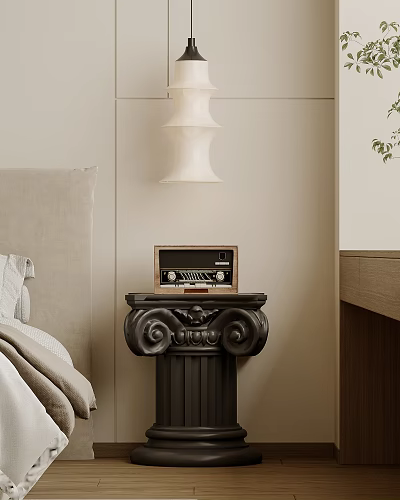 Bedside Table with Vintage Radio on Carved Column Base and Light Colored Headboard 3d model
