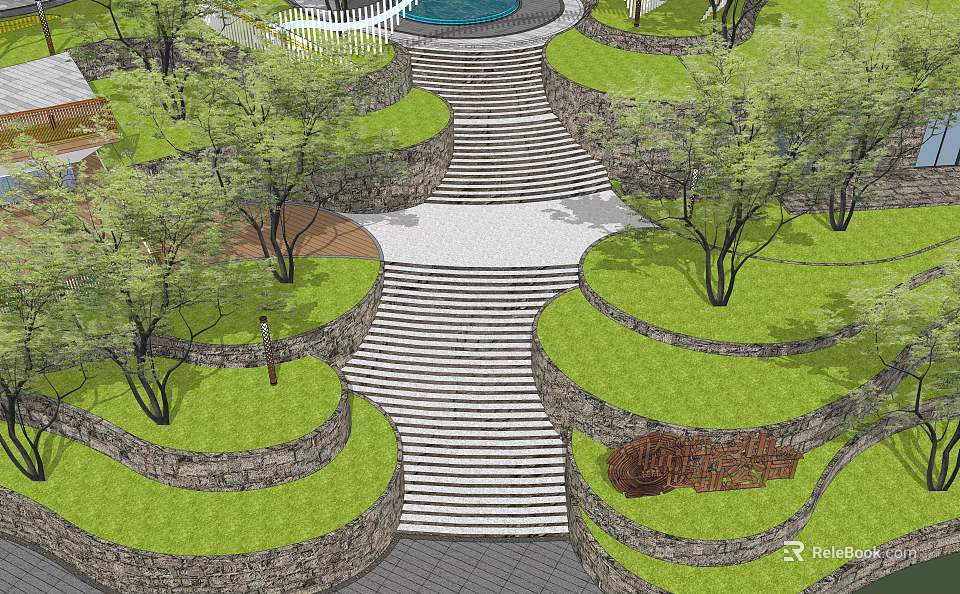 Road Facilities With Layered Greenery Staircase Stone Walls And Circular Landscaped Platform 3d model 