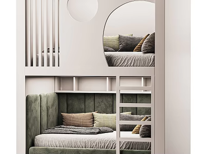 Modern Elegant White Bunk Bed With Soft Green Upholstery Safe Ladder And Practical Storage Design 3d model
