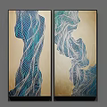 Abstract Painting Pair Featuring Blue Fluid Lines And Gold Background For Interior Design