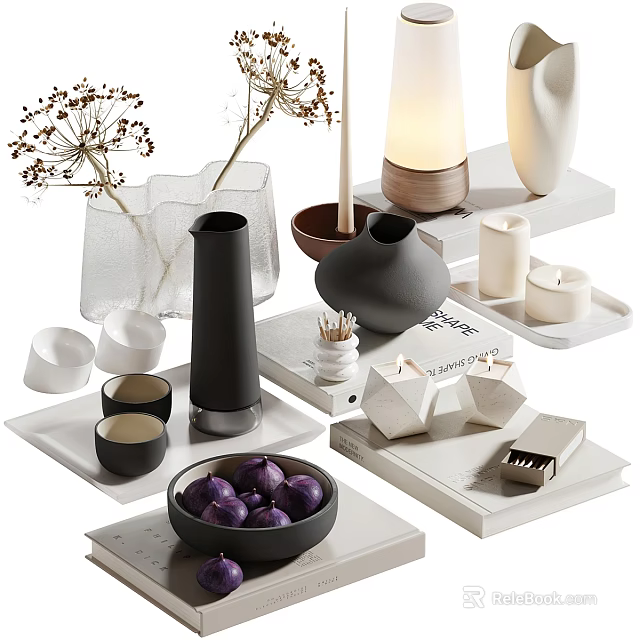 Elegant Decorative Ornament Collection With Glass Vases Ceramic Bowls Candles Trays And Dried Flowers 3d model 