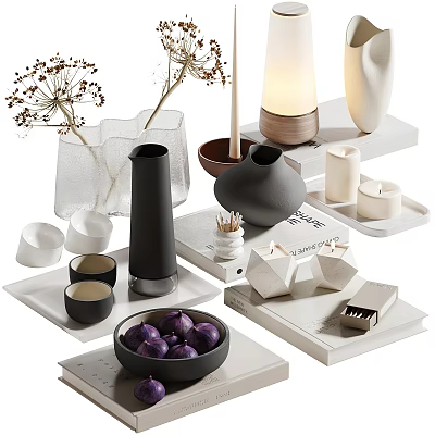 Elegant Decorative Ornament Collection With Glass Vases Ceramic Bowls Candles Trays And Dried Flowers 3d model